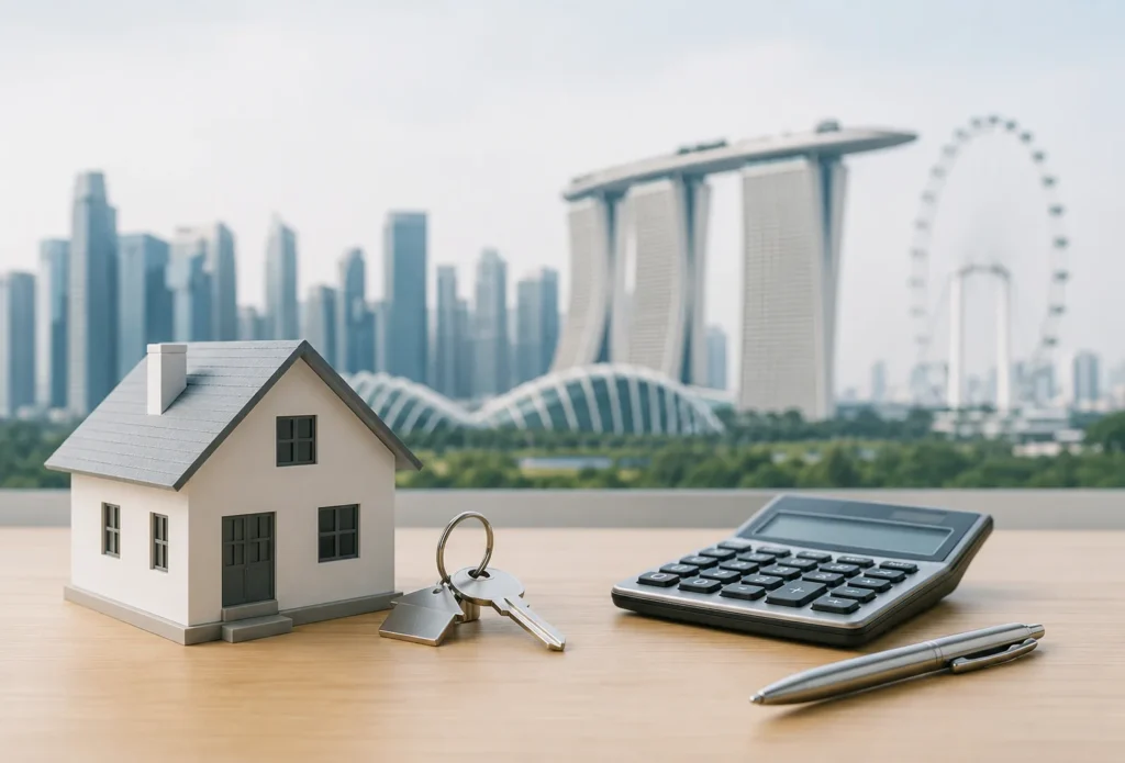 Home loan Singapore 2026 guide with model house, keys, calculator and Singapore skyline